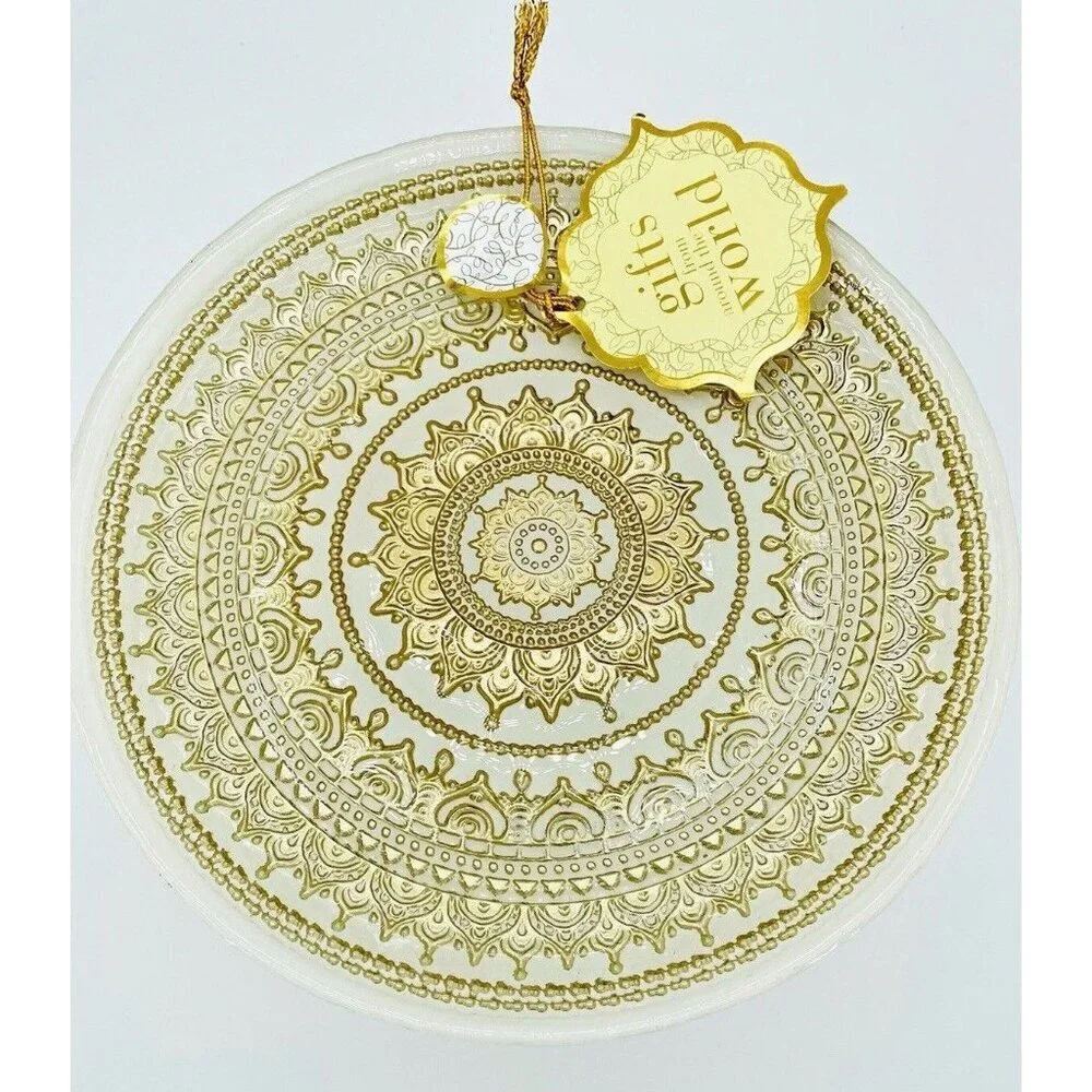 Turkish Glass White Cake Stand Glass Pedestal Dessert Platter Gold Lace 8.2